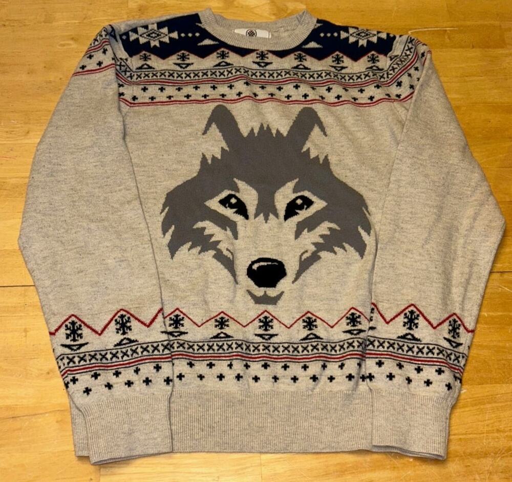 On The Byas Wolf Sweater Men's Small Gray Nordic Pattern Pullover Cotton Blend